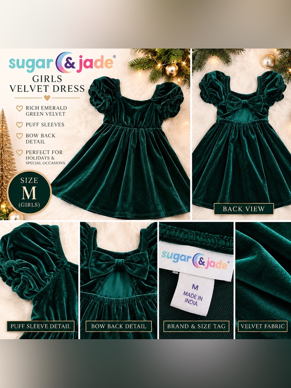 Sugar & Jade Girls Emerald Green Velvet Bow Back Holiday Dress Girls Size Medium